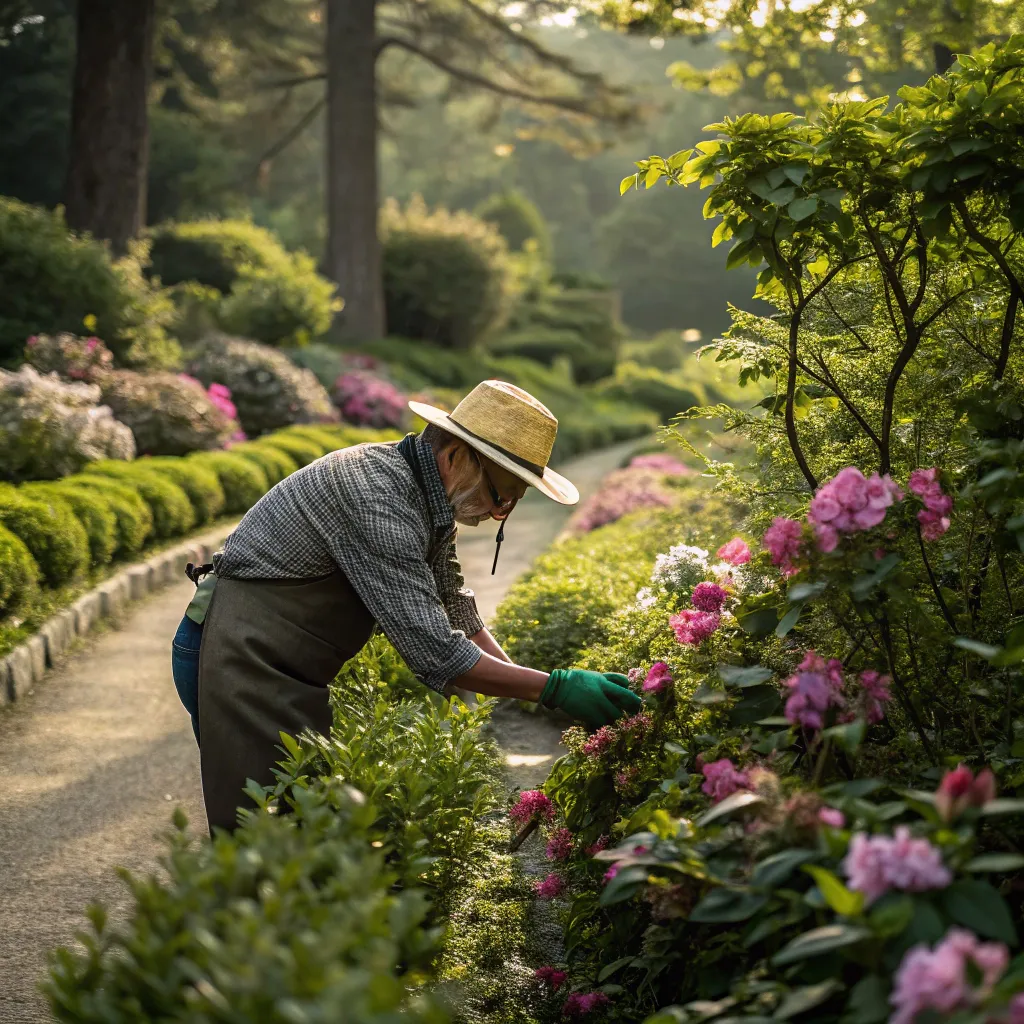 Gardener working in a lush garden